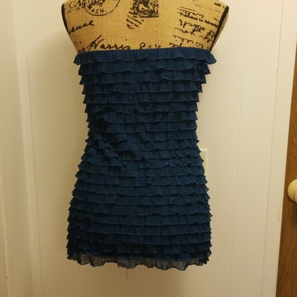 Cute Blue Green Teal Layered Ruffle Strapless Top - Picture 3 of 3